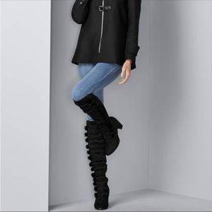 Black Pom Pom over the knee boots. NEW IN BOX